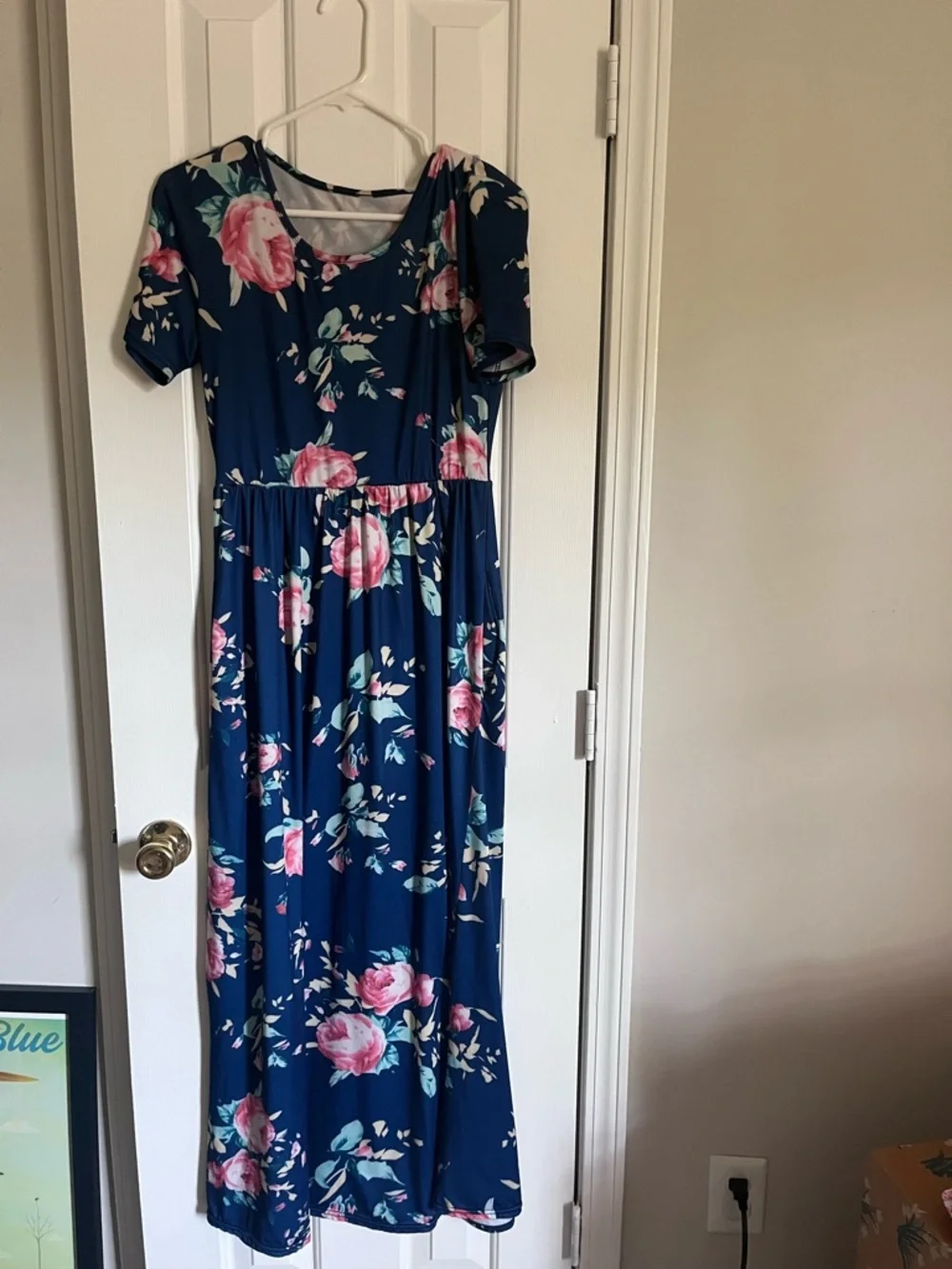 Women’s Navy Blue Floral Maxi Dress - Pink Rose Print - Picture 1 of 5